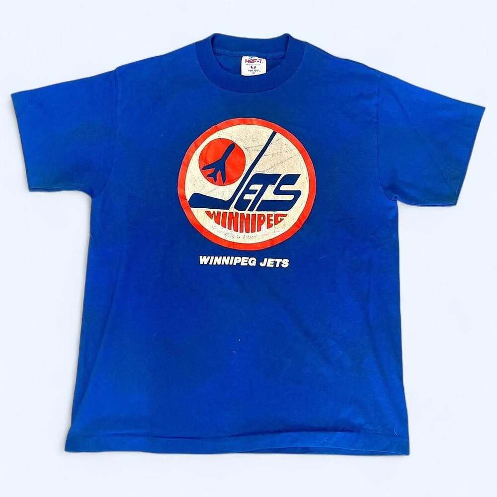 Vintage 80s Winnipeg Jets NHL Ice Hockey Graphic T-Shirt Medium Blue Tee Jays
